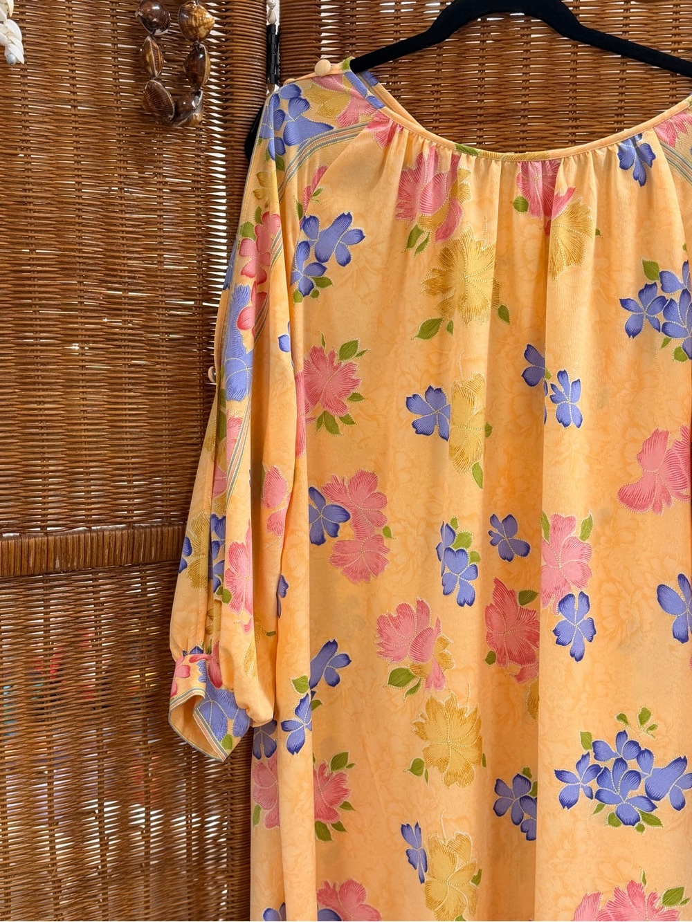 Vintage Floral Peasant Dress - Yellow with Pink & Blue Flowers, button up sleeve